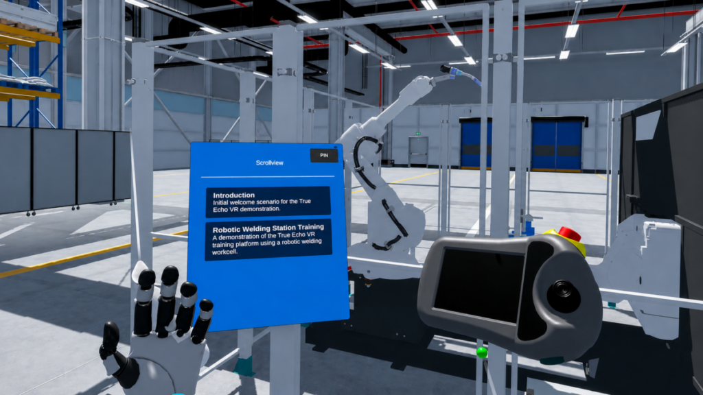 In-headset view of the True Echo VR robotic welding station training module