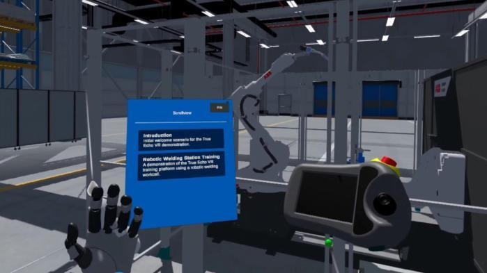 In-headset view of the True Echo VR robotic welding station training module